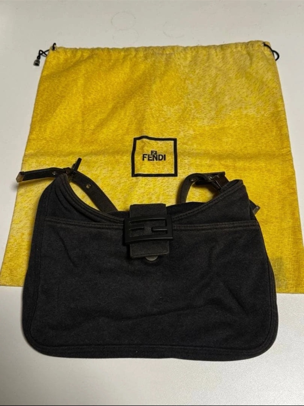 Fendi Black Suede Shoulder Bag with Logo Buckle